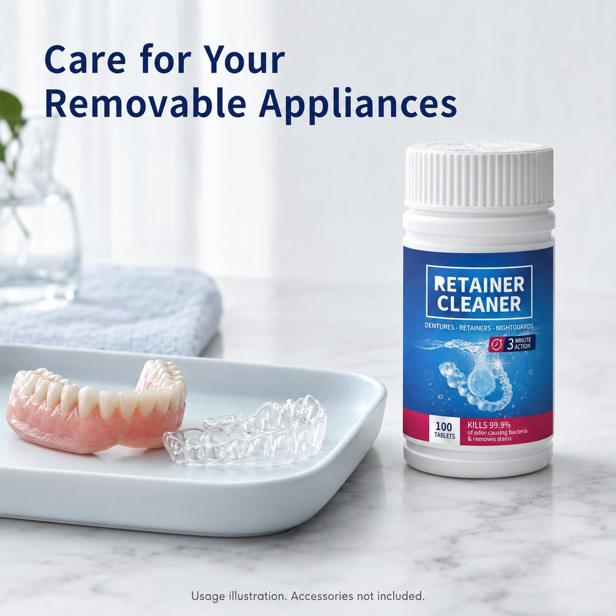 Usage illustration: denture and retainer care; accessories not included