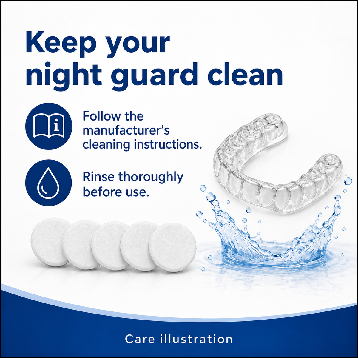 NG-IMPRESSIONS-V2-1 Night guard cleaning guide with anatomically molded transparent guard and five cleaning tablets
