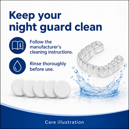 NG-IMPRESSIONS-V2-1 Night guard cleaning guide with anatomically molded transparent guard and five cleaning tablets