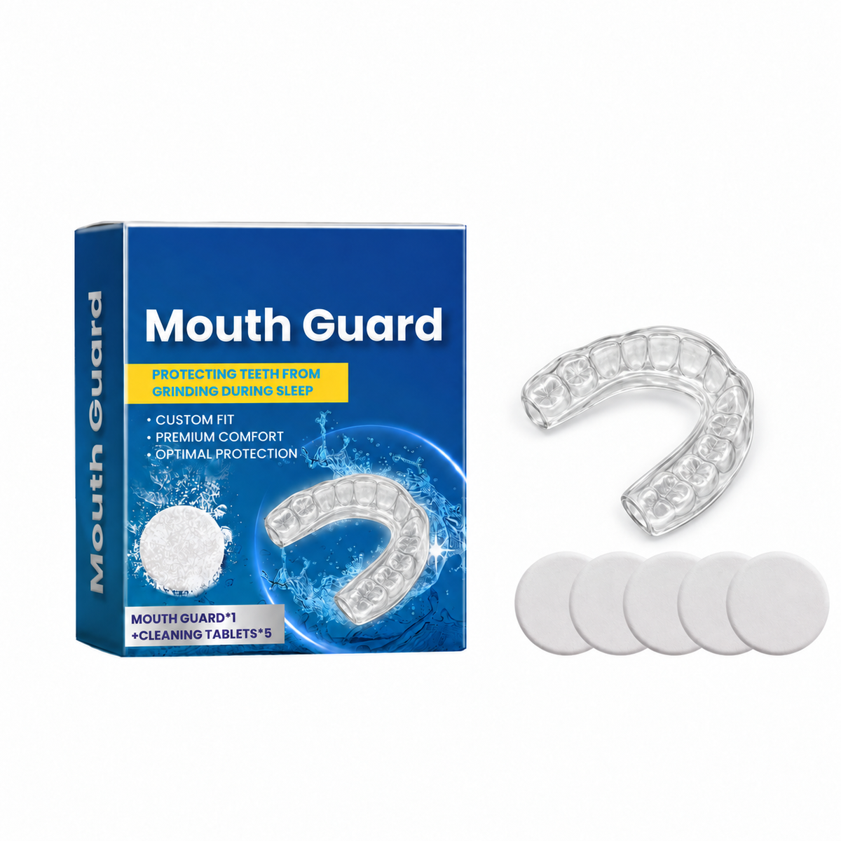 NG-IMPRESSIONS-V2-2 Night guard kit package with one anatomically molded transparent guard and five cleaning tablets