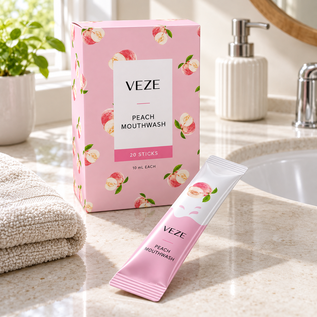 VEZE Peach Mouthwash single-use stick beside a bathroom sink