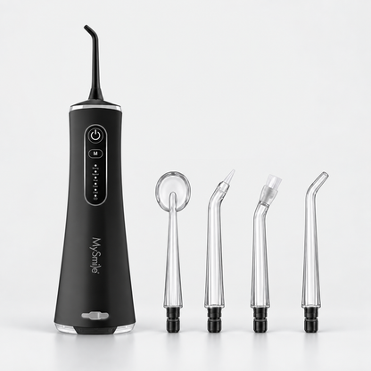LP211 Black cordless water flosser with four matching replacement tips