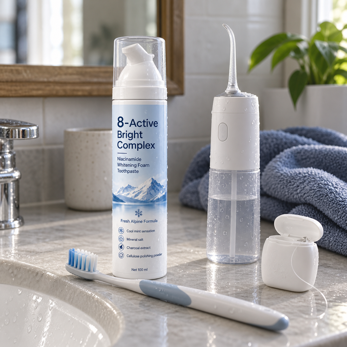 Simple morning and evening oral care routine with foaming toothpaste