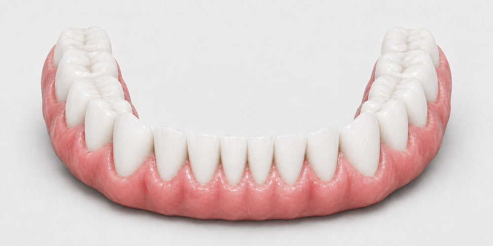3D illustration of the same dental arch with healthy pink gums and clean white teeth