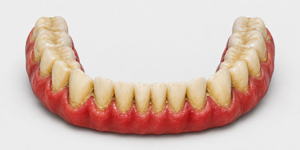 3D illustration of a dental arch with swollen red gums and stained teeth