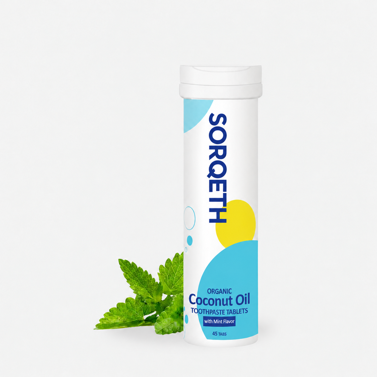 SORQETH Organic Coconut Oil Toothpaste Tablets bottle with mint leaves