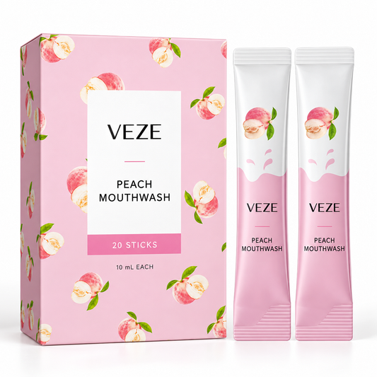 VEZE Peach Mouthwash box with single-use sticks, 20 sticks per box