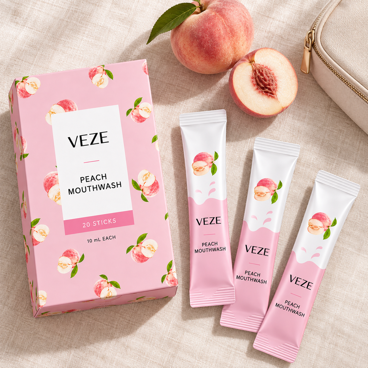 VEZE Peach Mouthwash box and slim single-use sticks