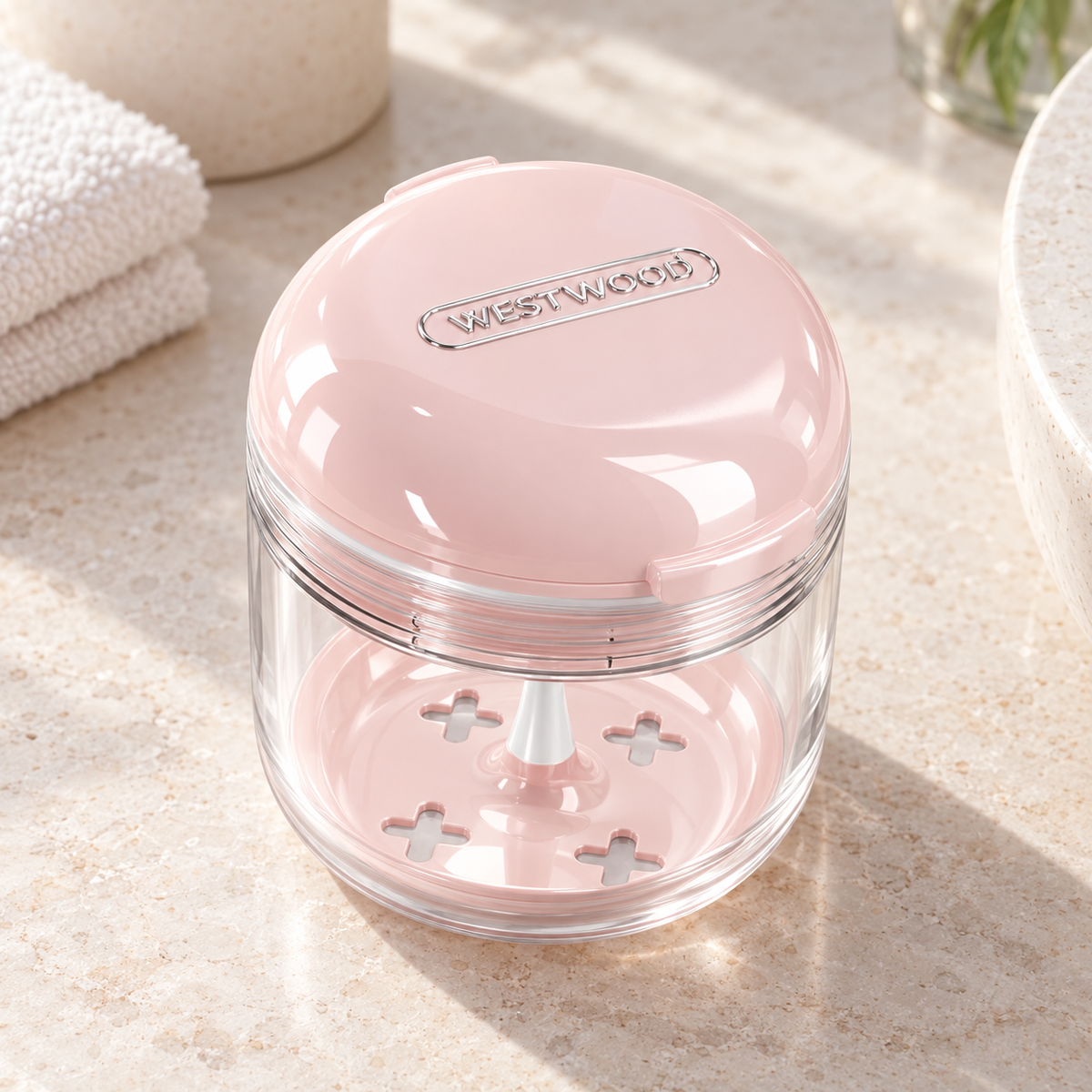 Close-up of Sakura Red soaking case screw-top lid and clear body