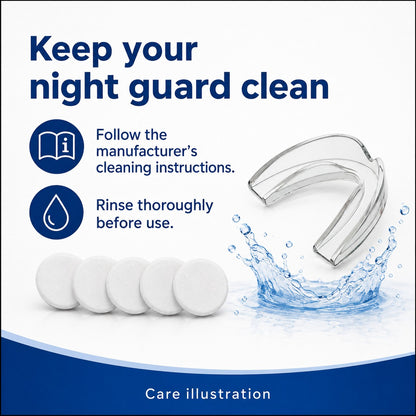 Cleaning guide for a mouth guard using the supplied cleaning tablet