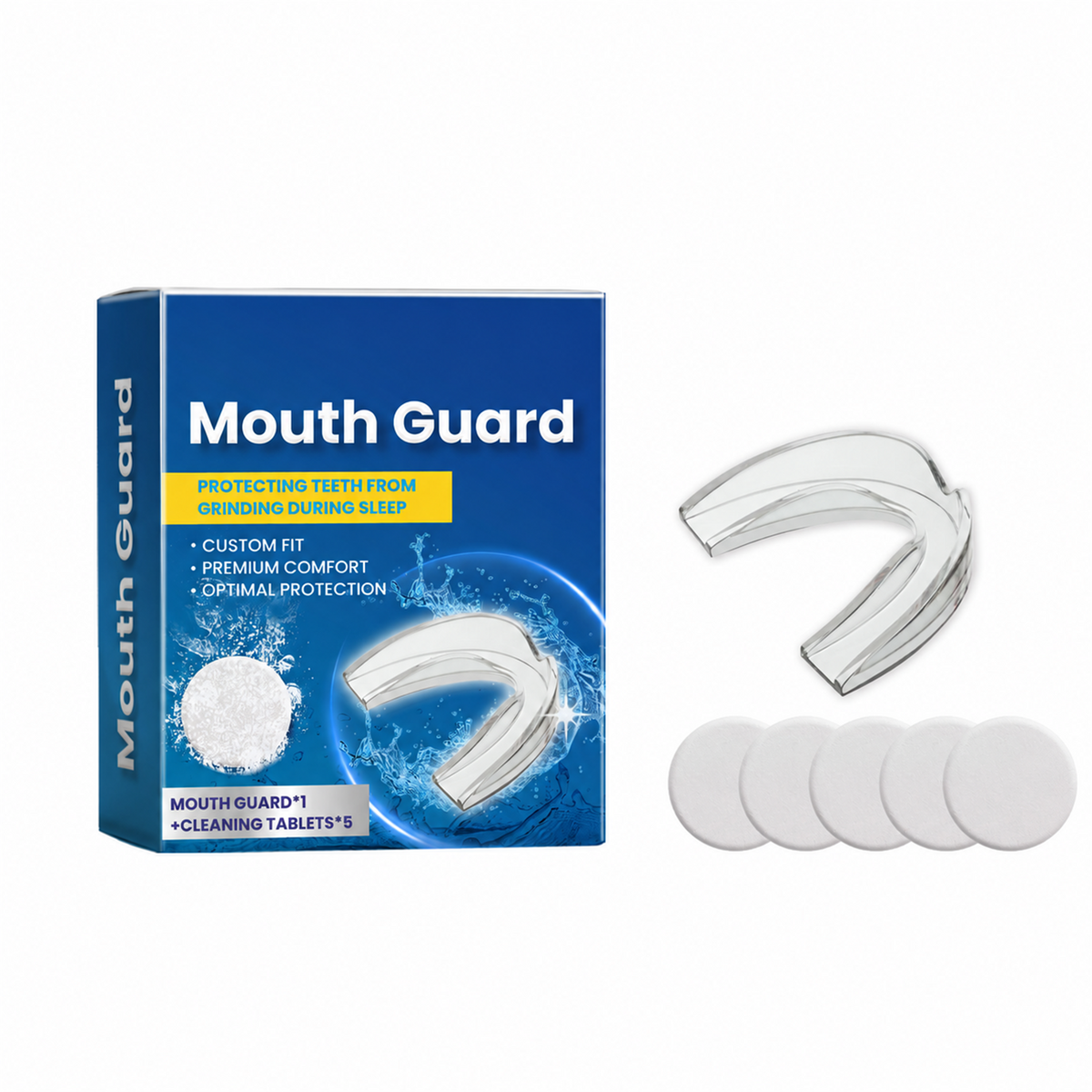 Night guard kit with transparent U-shaped mouth guard and five cleaning tablets