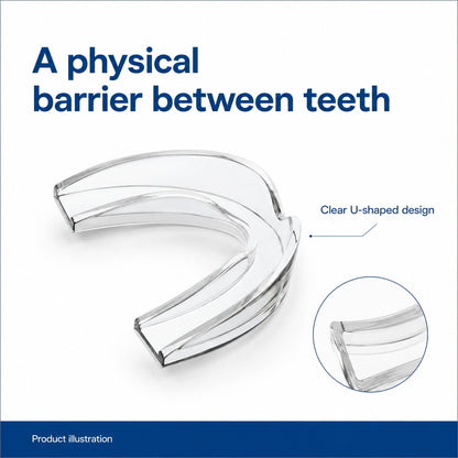 Transparent night guard shown as a physical barrier between upper and lower teeth