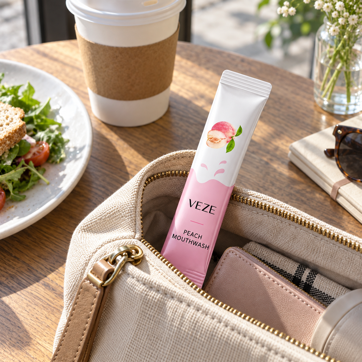Peach mouthwash stick packed for an on-the-go rinse