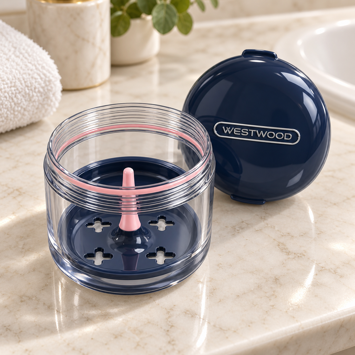 Open Gemstone Blue soaking case showing removable perforated tray
