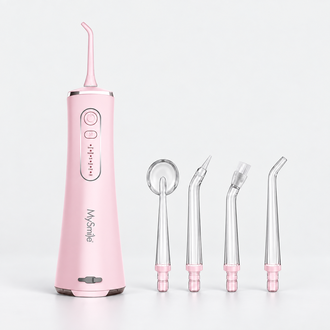 LP211 Pink cordless water flosser with four matching replacement tips