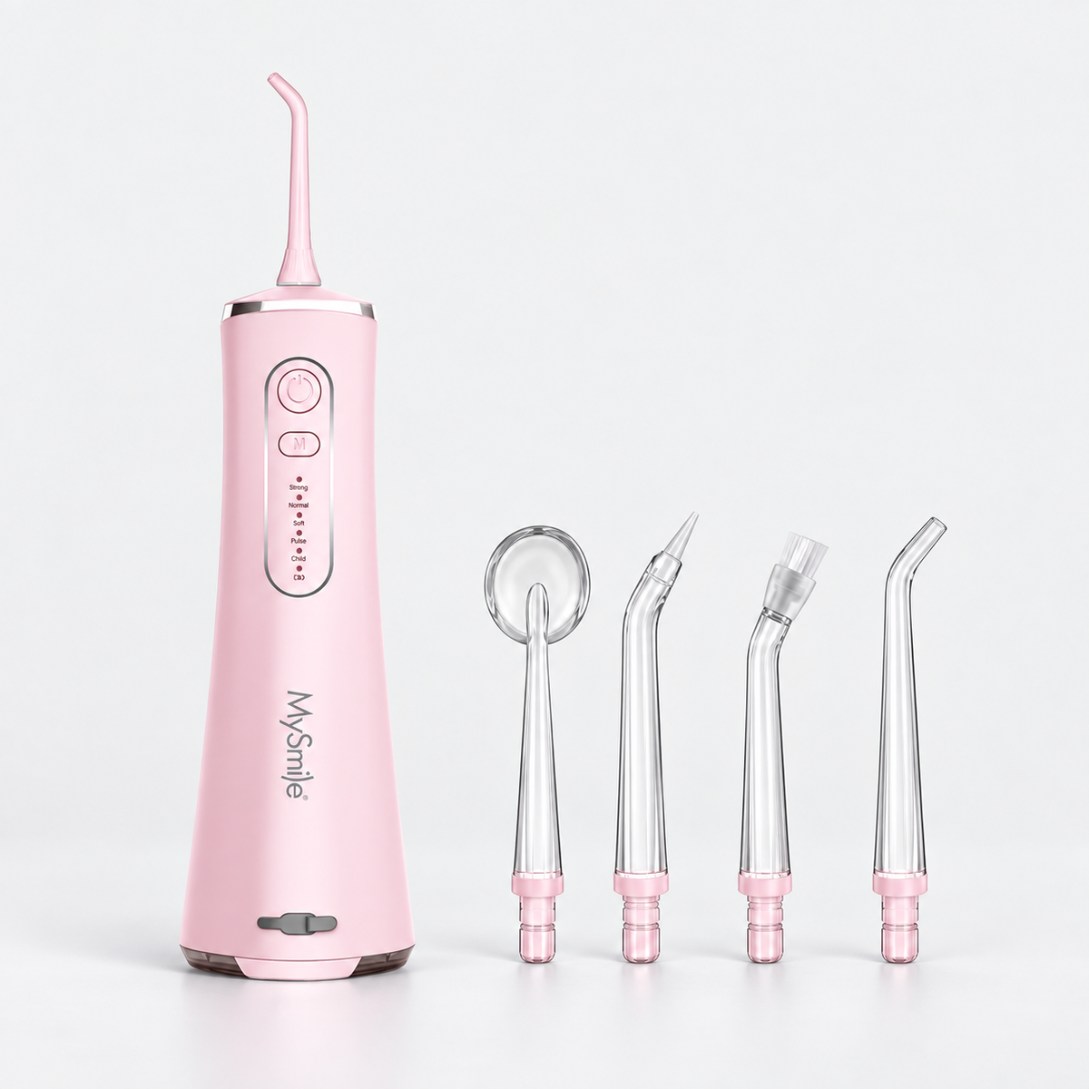 LP211 Pink cordless water flosser with four matching replacement tips