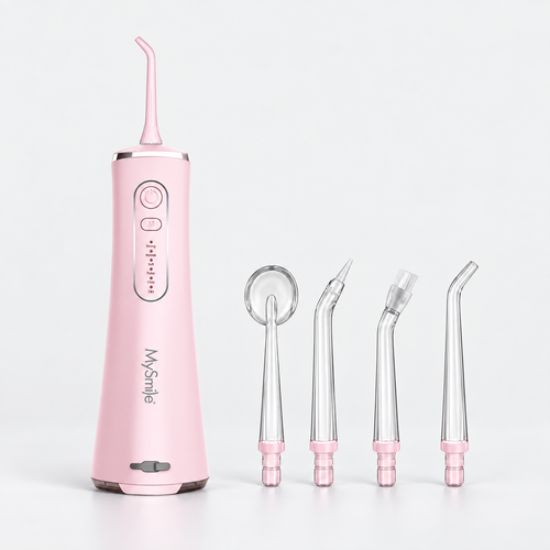 LP211 Pink cordless water flosser with four matching replacement tips