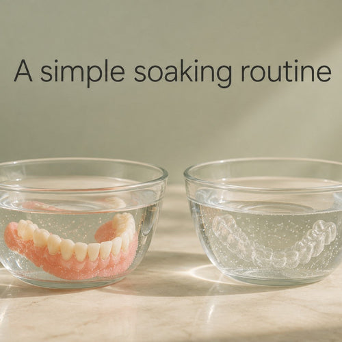 Denture and removable retainer soaking in separate bowls; care scene.