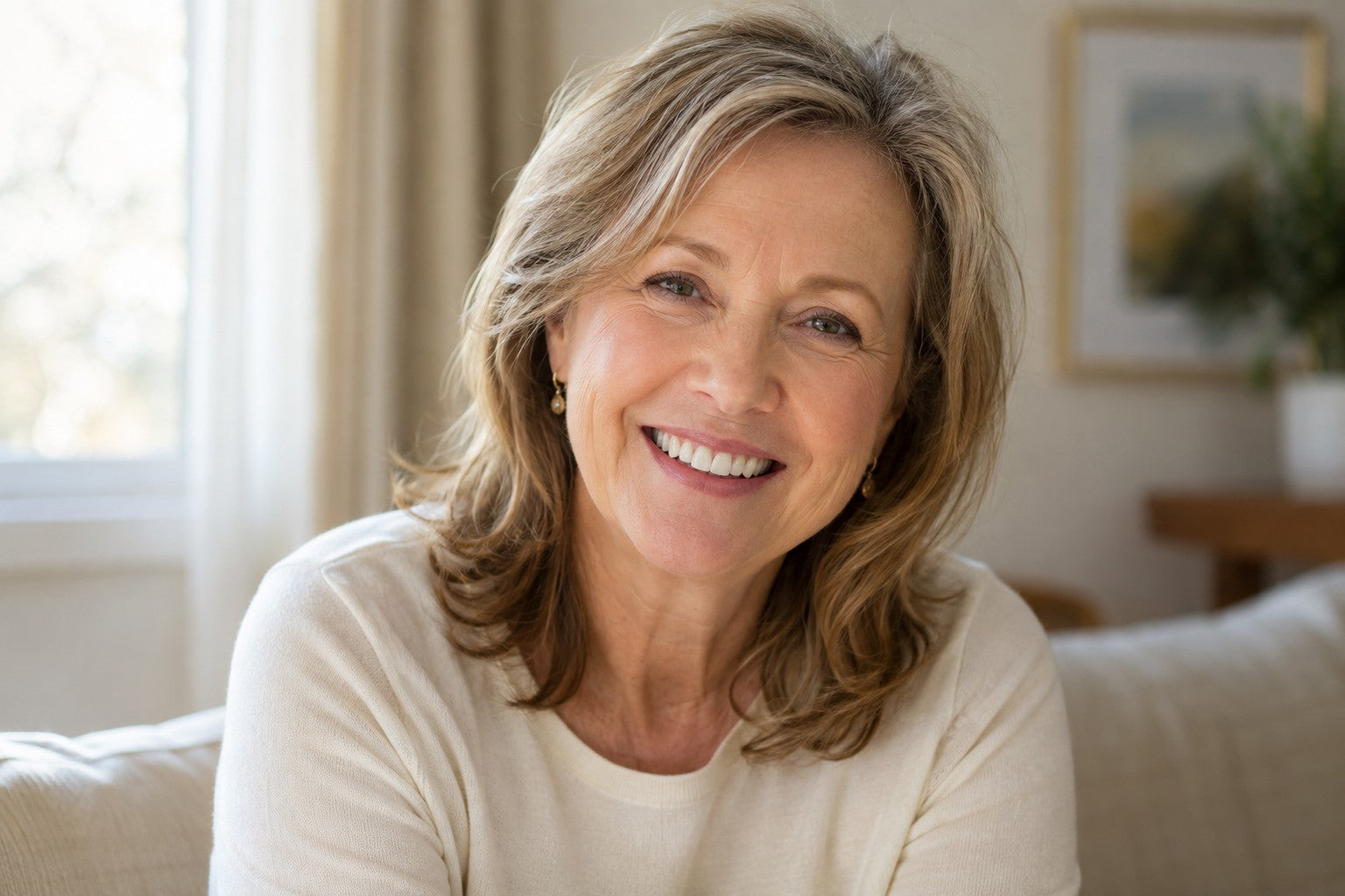 Lifestyle model scene of a mature woman with a natural ivory smile.