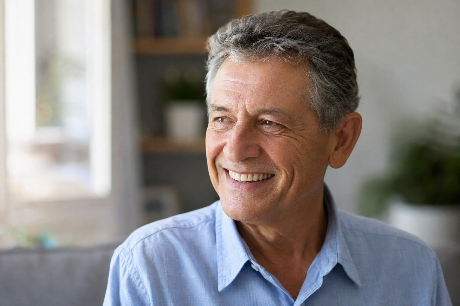 Lifestyle model scene of a mature man with a natural ivory smile.