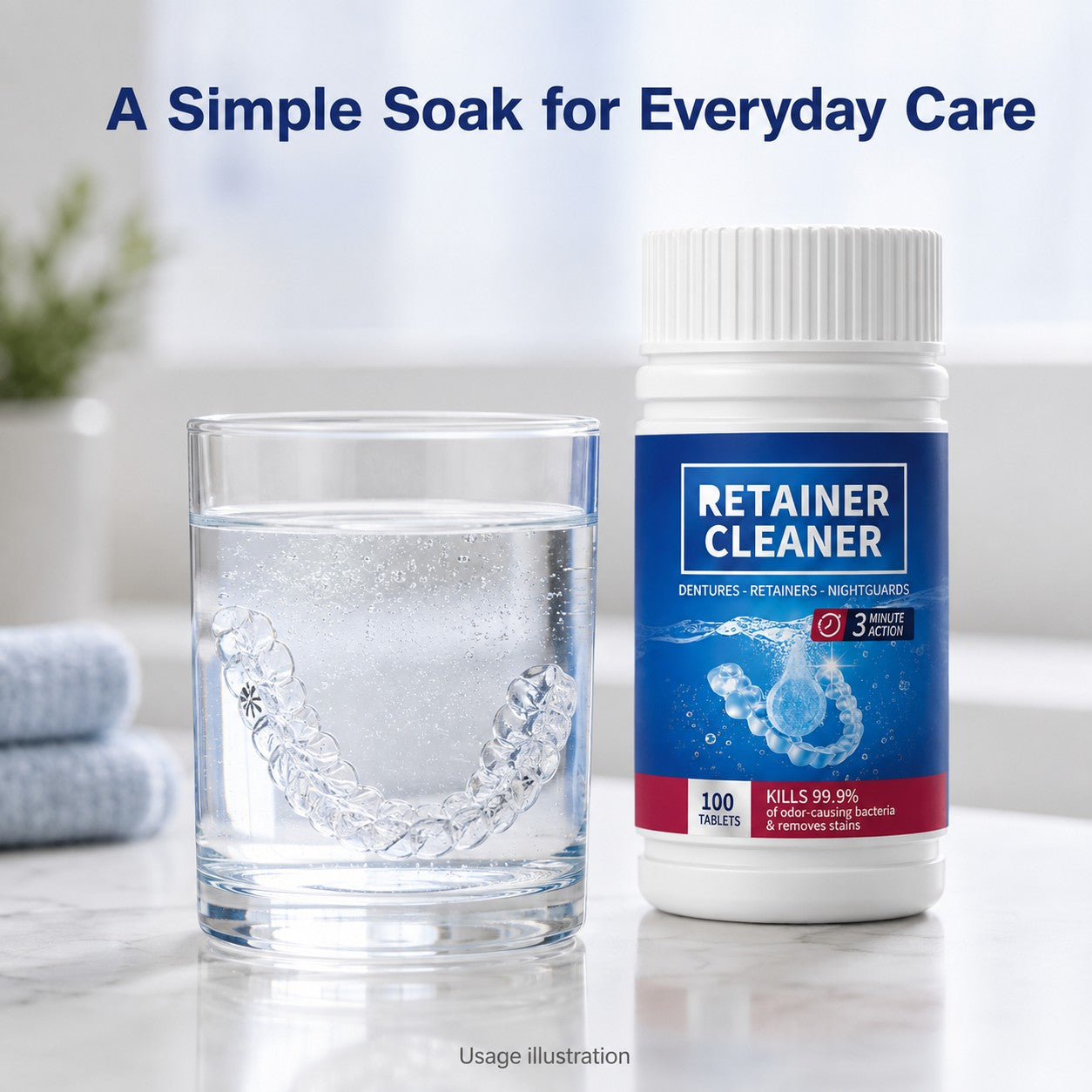 Usage illustration: clear retainer soaking beside cleaner bottle