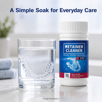 Usage illustration: clear retainer soaking beside cleaner bottle