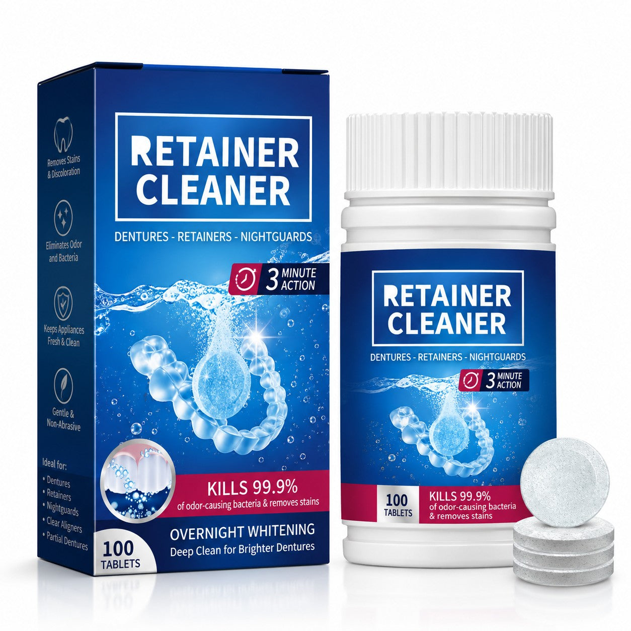 Retainer cleaner bottle, box and tablets