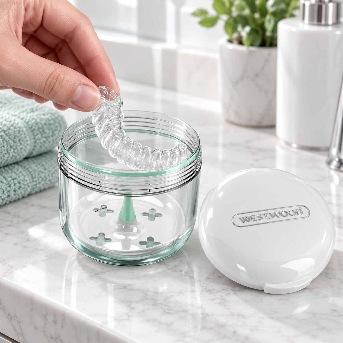 Retainer placed in the soaking case as part of a daily care routine