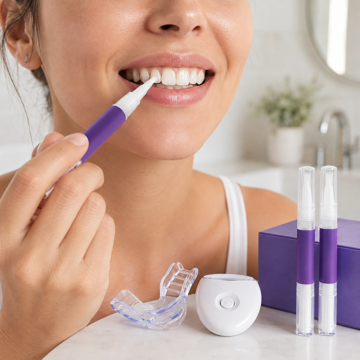 Controlled whitening gel application to tooth surfaces away from the gumline