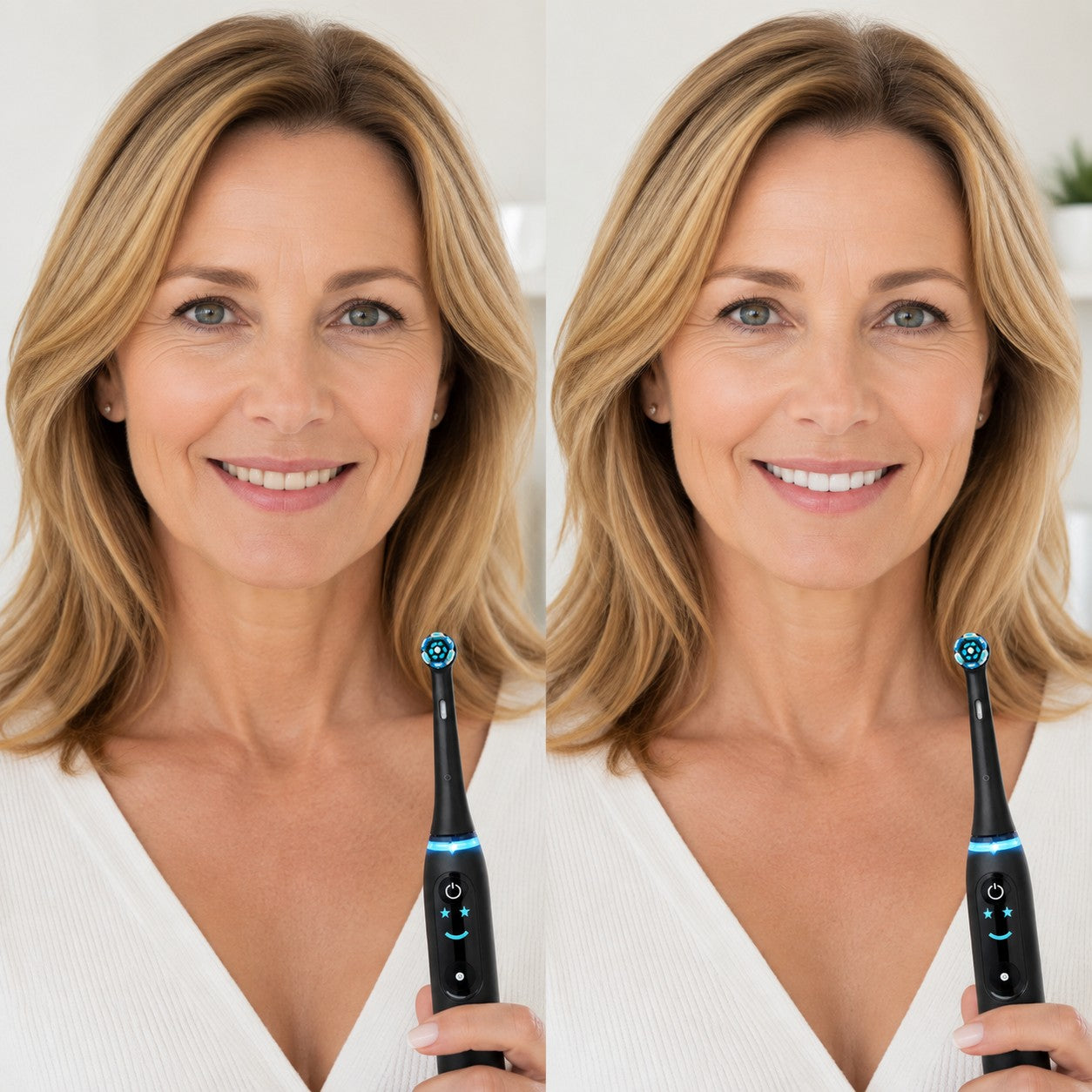 Mature woman showing a naturally dull smile and a cleaner brighter-looking smile after brushing