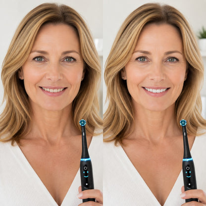Mature woman showing a naturally dull smile and a cleaner brighter-looking smile after brushing