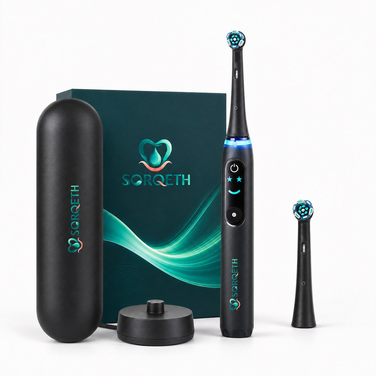 SORQETH black electric toothbrush set with case, charging base and replacement brush head