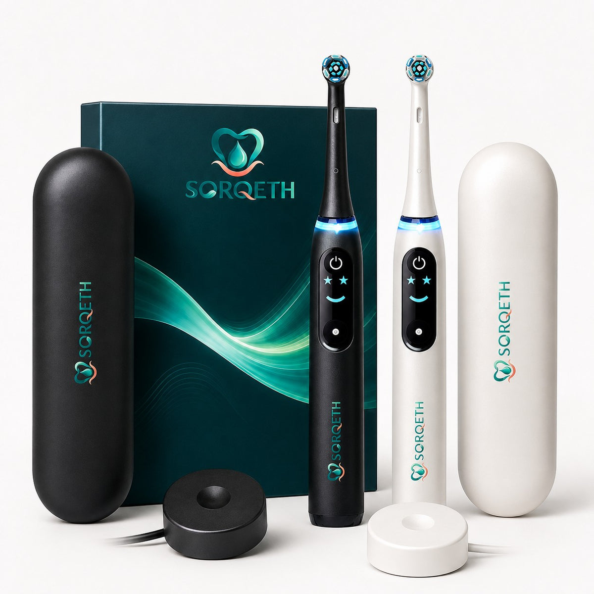 SORQETH black and white electric toothbrush bundle with matching cases and charging bases