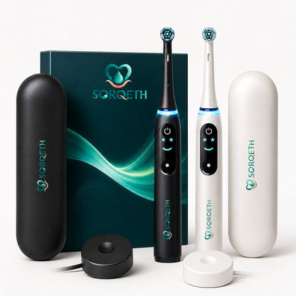 SORQETH black and white electric toothbrush bundle with matching cases and charging bases