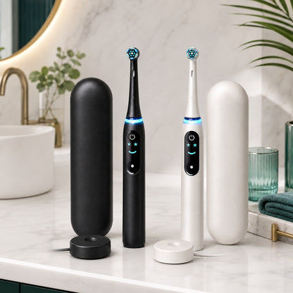 Black and white electric toothbrush sets with matching travel cases and charging bases