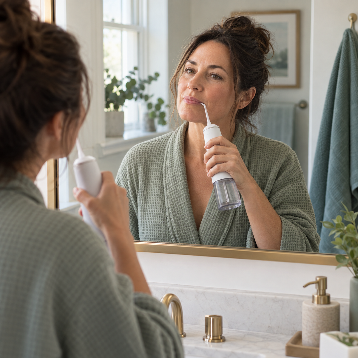 Woman using a water flosser as part of her oral-care routine