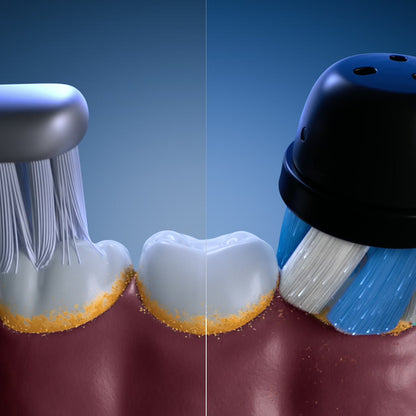 Close comparison showing a compact electric brush head reaching around back teeth and along the gumline