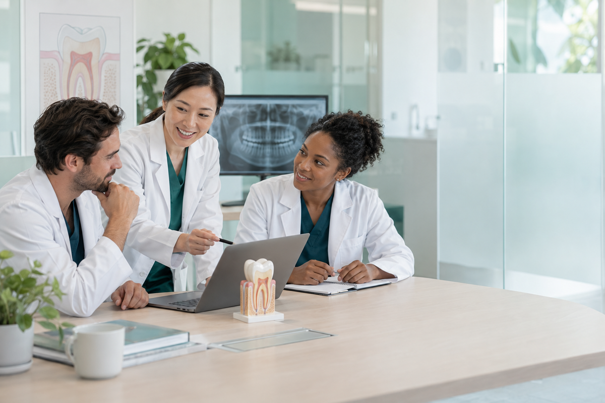 Dental professionals discussing everyday oral health with a tooth model and dental imagery