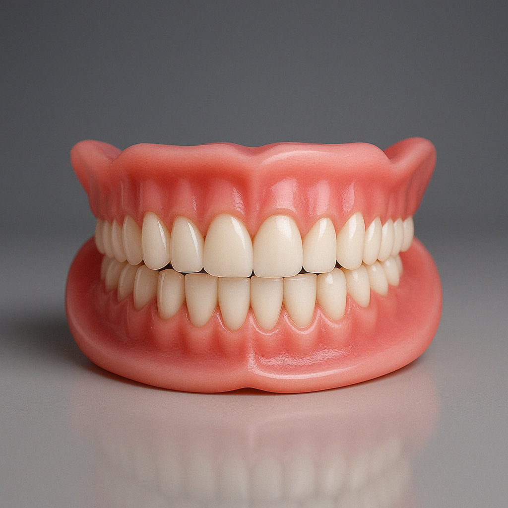 Removable full denture set with pink gum base and natural tooth shade