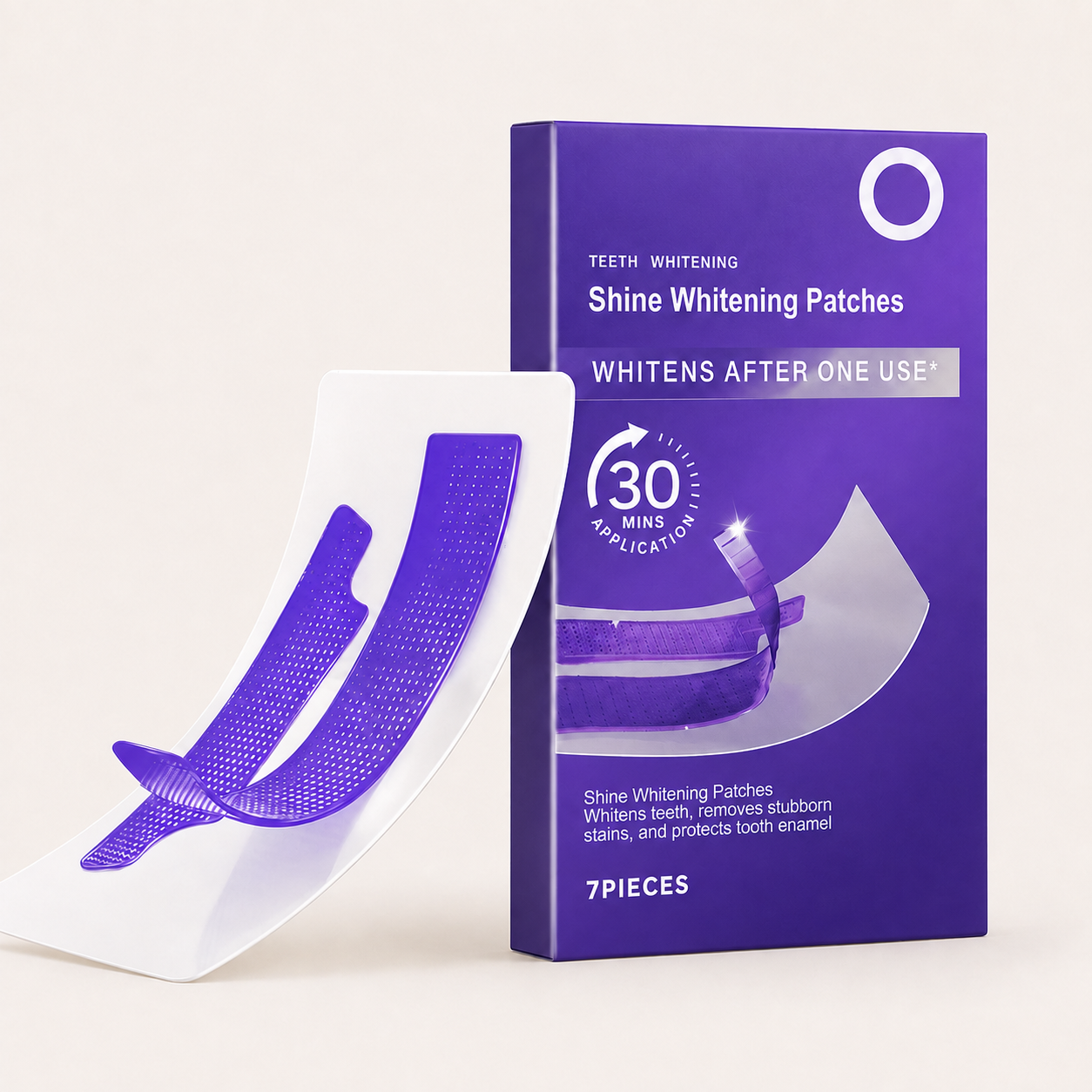 Oralhoe Shine Whitening Patches purple box and strips, labeled 7 pieces