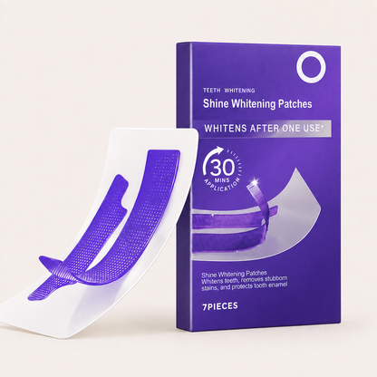 Oralhoe Shine Whitening Patches purple box and strips, labeled 7 pieces