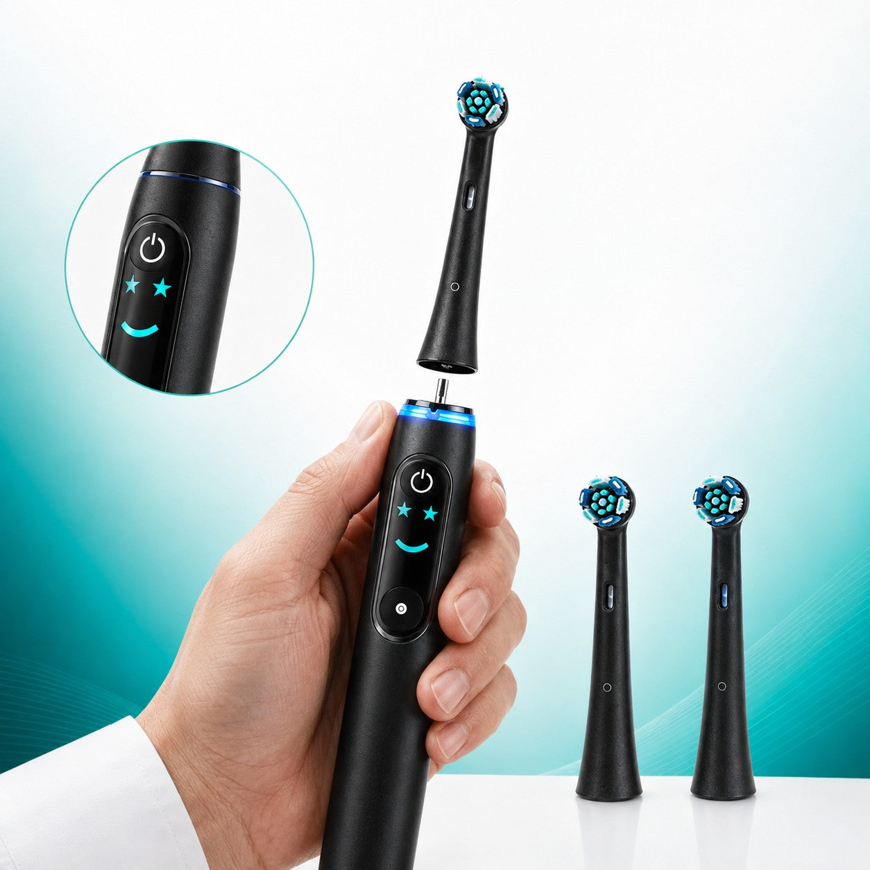 Hand holding the easy-grip toothbrush while the replaceable brush head aligns with the handle