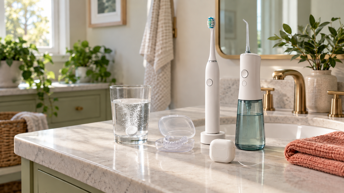 A complete oral-care routine with toothbrush, water flosser, appliance case, and cleaning tablet