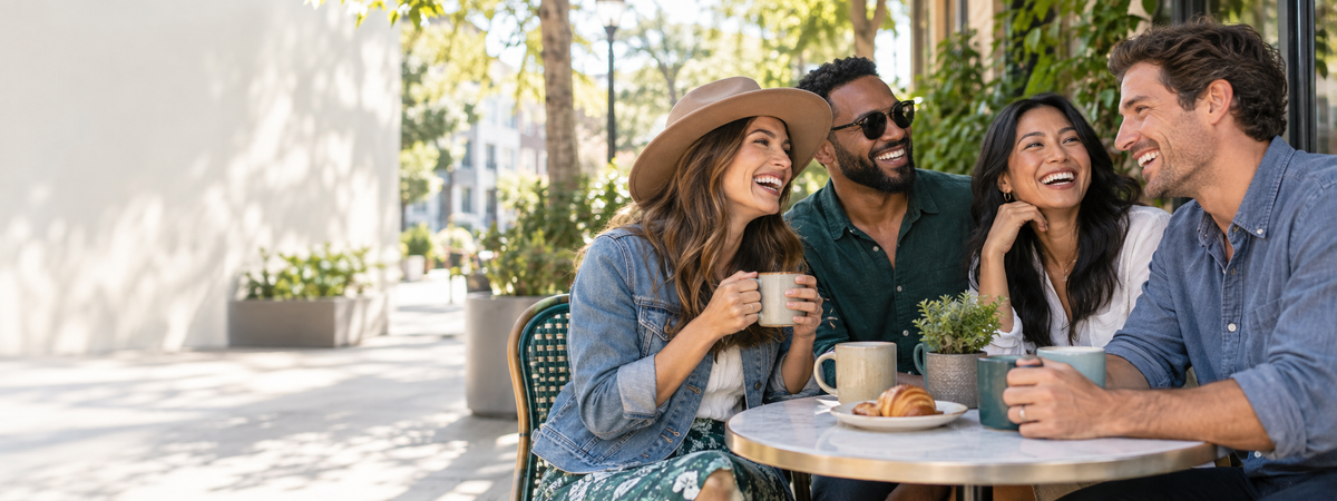 Friends sharing a relaxed smile together at a sunny outdoor cafe