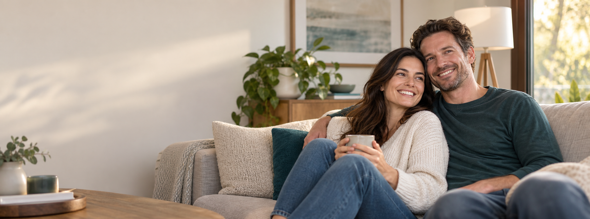 Couple smiling together in a warm, comfortable home
