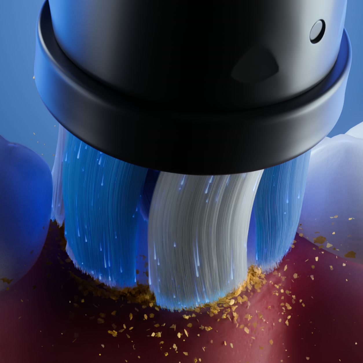 Blue and white soft bristles flexing with light contact around a tooth and the gumline