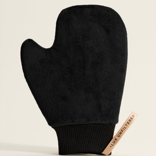 TANNING-MITT-SQUARE-V1-0 Black double-sided microfiber tanning mitt with ribbed wristband