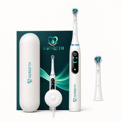 SORQETH white electric toothbrush set with case, charging base and replacement brush head