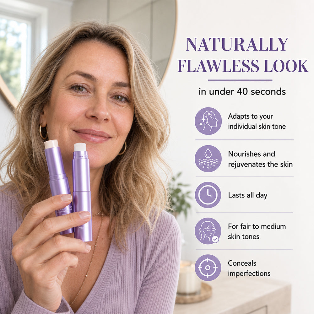 Woman holding the purple foundation stick and built-in brush