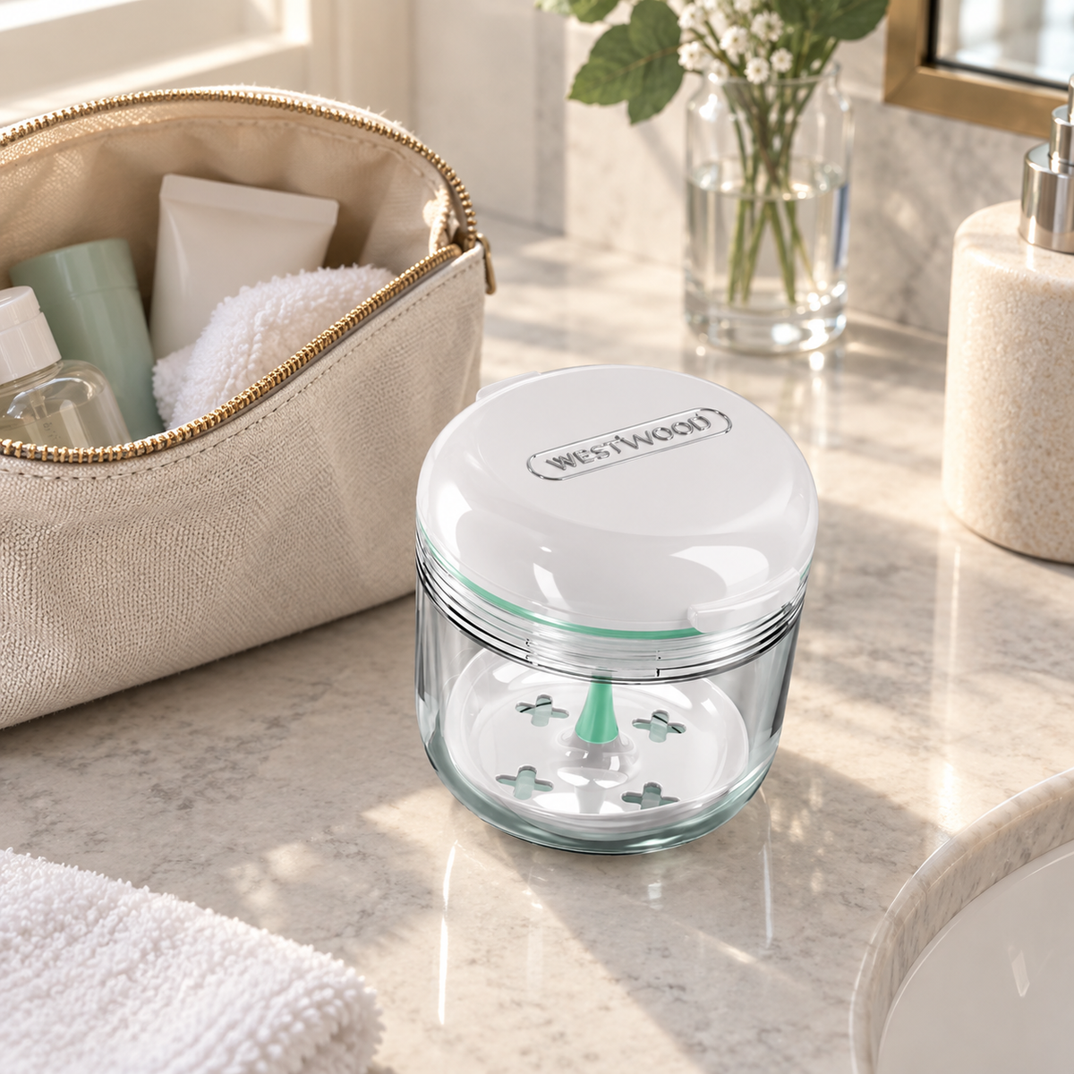 Turquoise White soaking case alongside travel essentials